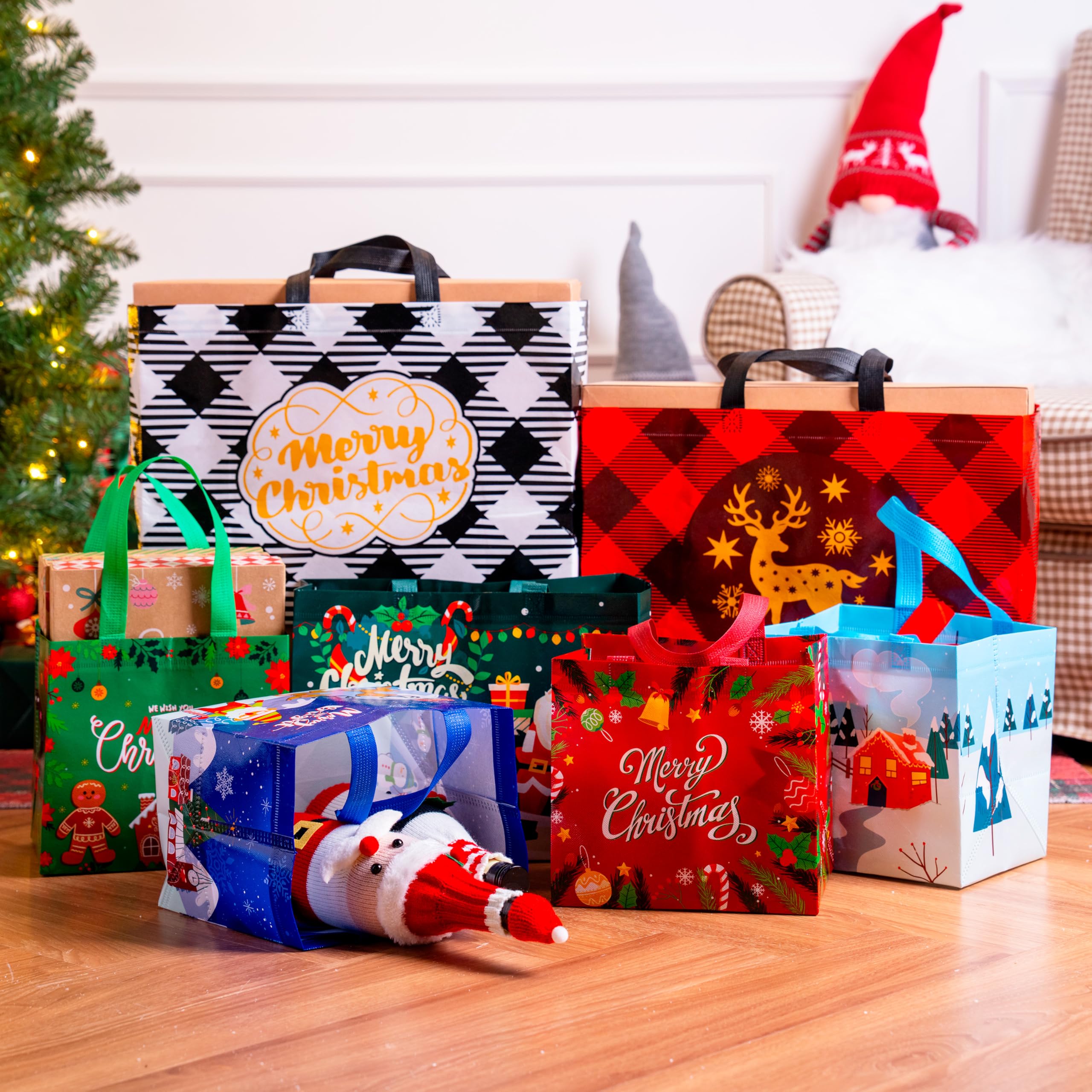 20 PCS Christmas Reusable Gift Bags Assorted Sizes with Handle - Image 7