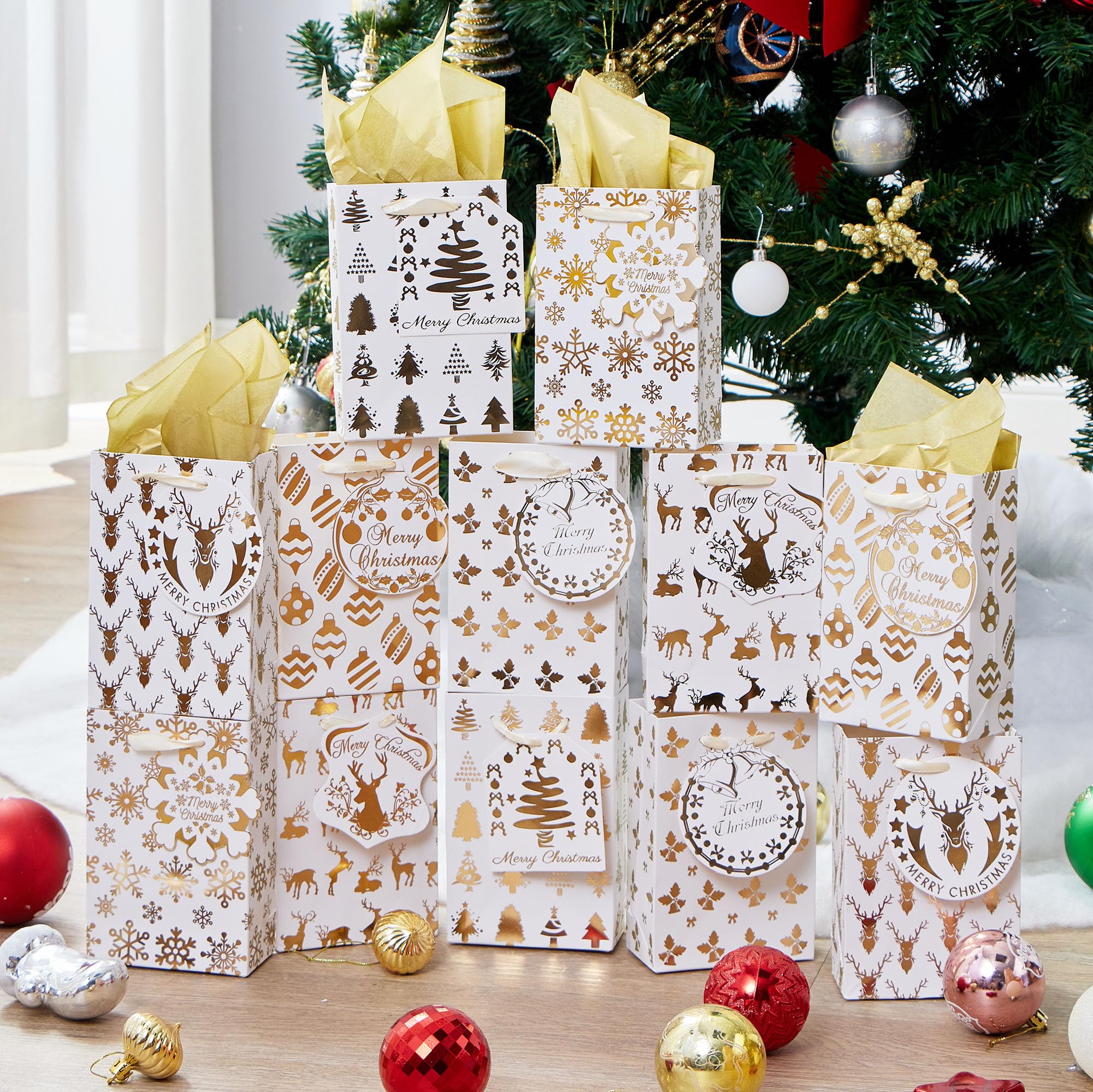 12 PCS Christmas Foil Gold Gift Bags with Tissue Papers and Name Card Tags - Image 7