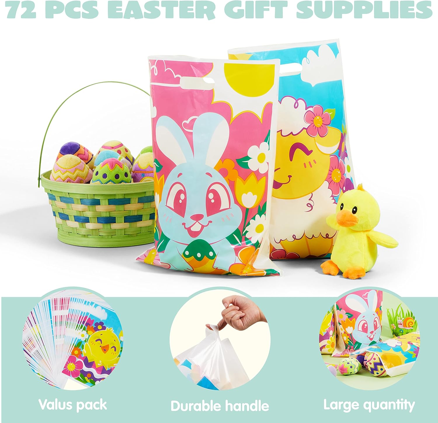 JOYIN 72 Pack Easter Plastic Gift Bags with Animal Flower Easter Party Supplies for Kids - Image 7