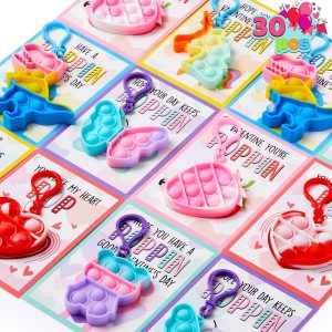 JOYIN 30 Packs Valentines Day Cards with Pop Fidget Keychain Toys