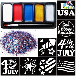 JOYIN 5 Colors Patriotic Face Body Paint Kit with Glitter and 16 Pcs Stencils Sticker for Kids, 4th of July Face Paint Red White Blue Make Up for Independence Day, Memorial Day Party, Veterans Day