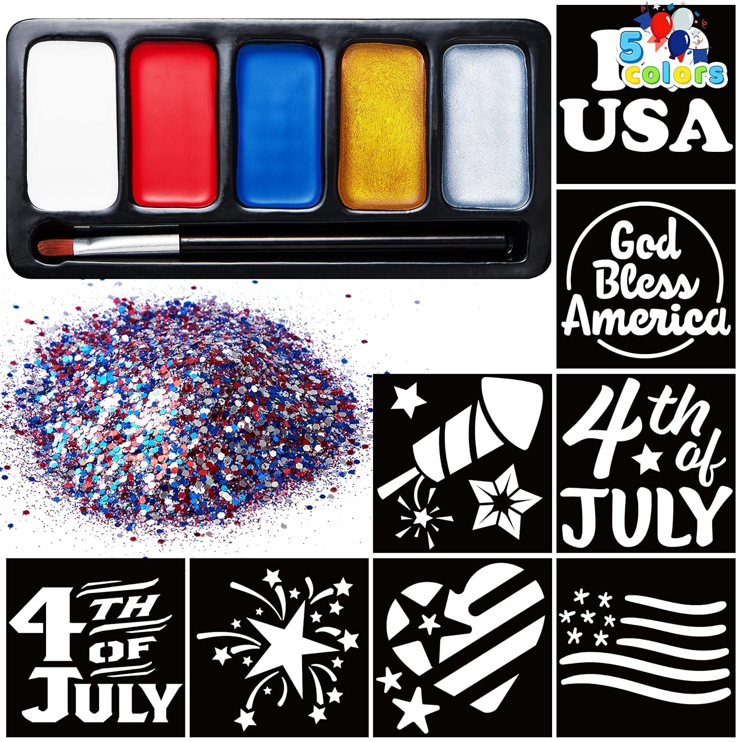 JOYIN 5 Colors Patriotic Face Body Paint Kit with Glitter and 16 Pcs Stencils Sticker for Kids, 4th of July Face Paint Red White Blue Make Up for Independence Day, Memorial Day Party, Veterans Day
