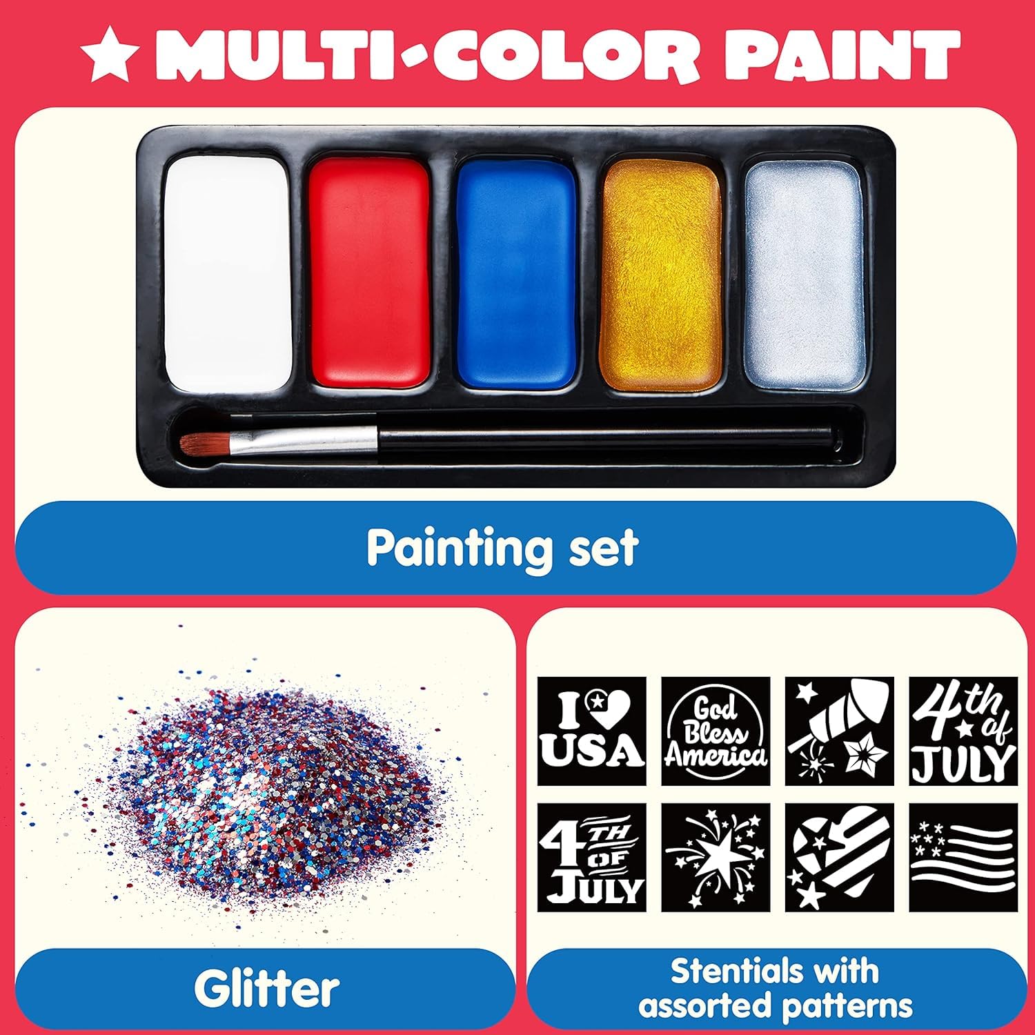 JOYIN 5 Colors Patriotic Face Body Paint Kit with Glitter and 16 Pcs Stencils Sticker for Kids, 4th of July Face Paint Red White Blue Make Up for Independence Day, Memorial Day Party, Veterans Day - Image 7