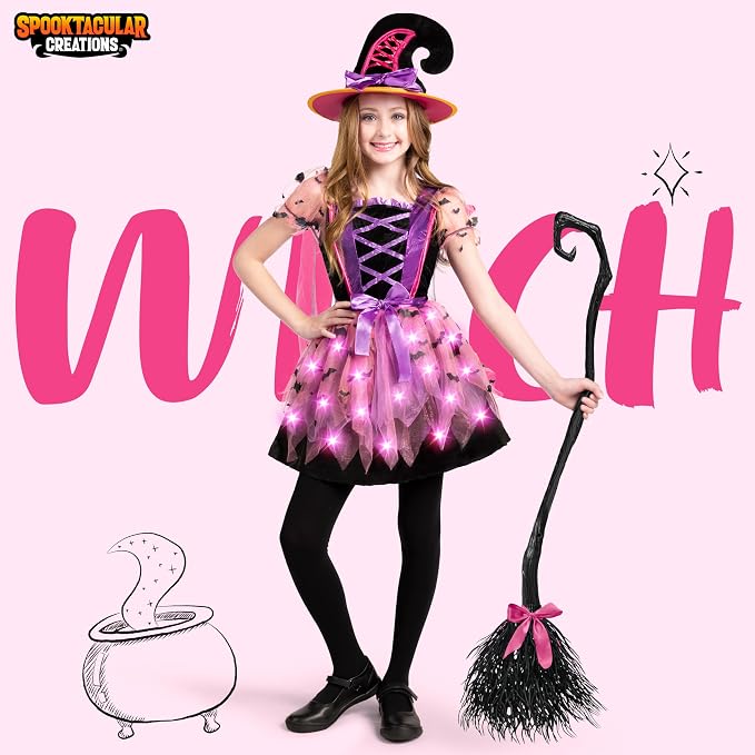 JOYIN Girls Light Up Witch Costume - Kids Halloween Set with Hat & Broom - Image 3
