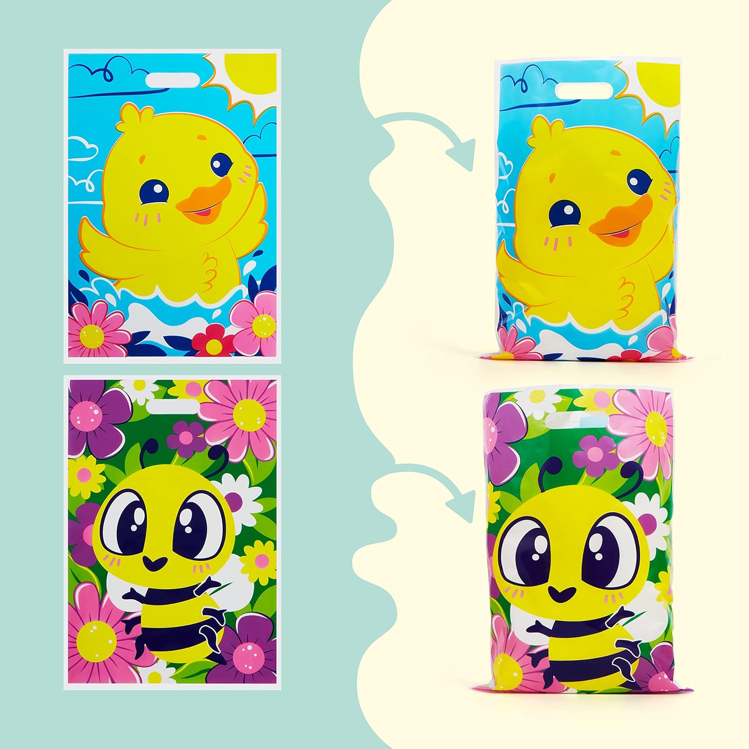 JOYIN 72 Pack Easter Plastic Gift Bags with Animal Flower Easter Party Supplies for Kids - Image 8
