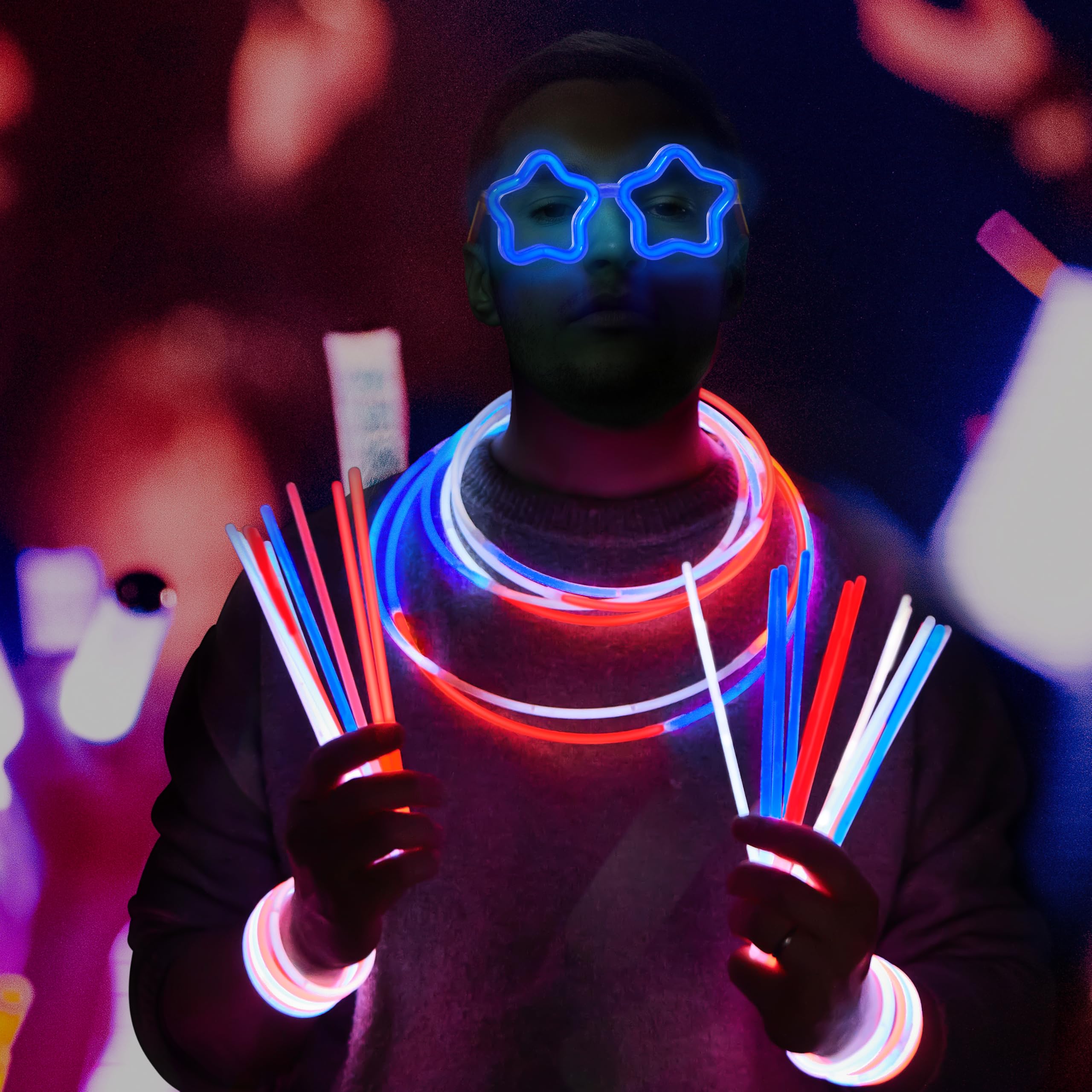 JOYIN 99 PCS July 4th Patriotic Glow Sticks Bracelets Necklaces Glasses, Glow in The Dark Party Supplies, Light Up Party Favors for Kids Adults, Blue White Red LED Accessories for Independence Day - Image 3