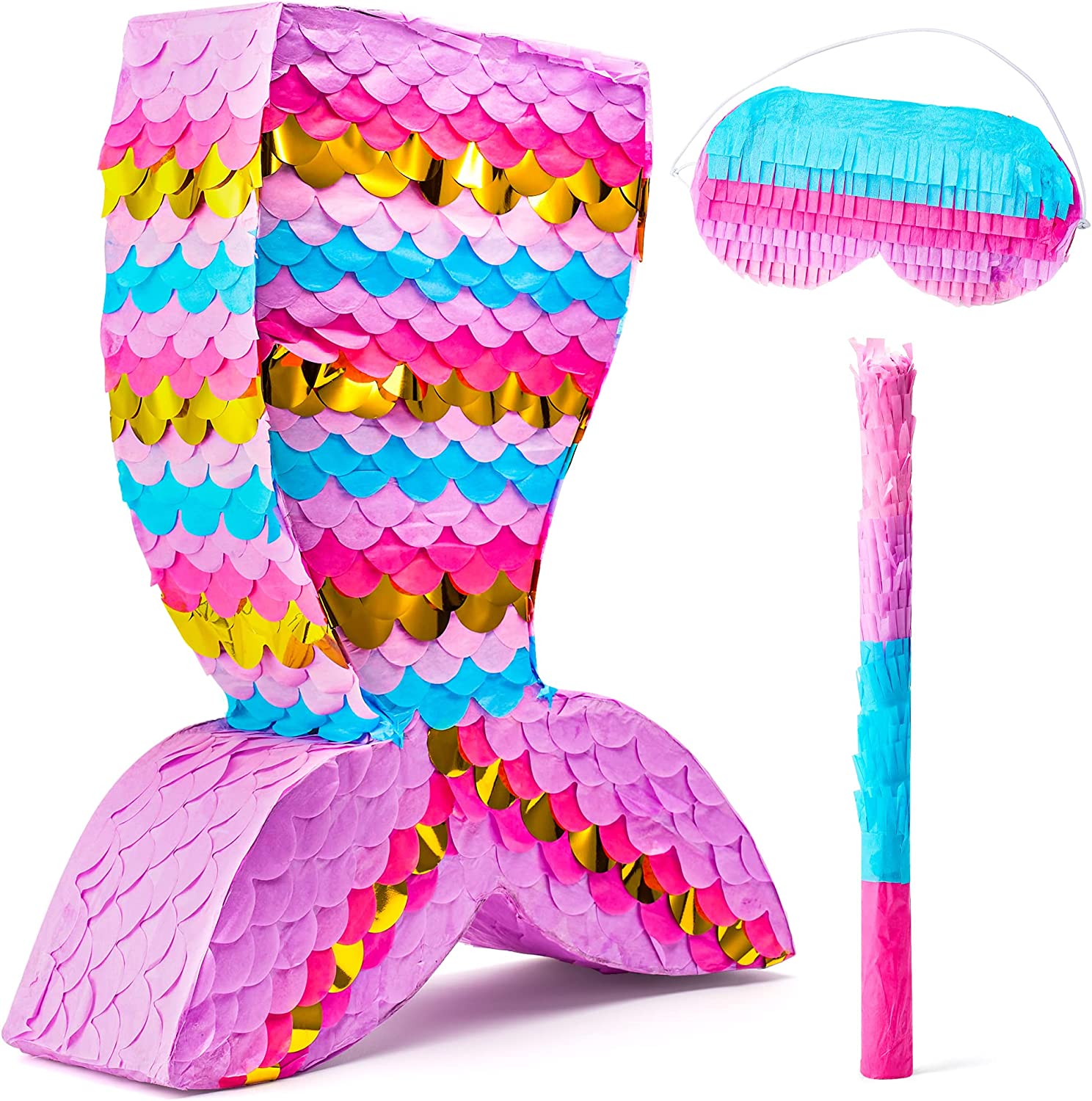 Mermaid Pinata with Plastic Bat and Paper Blindfold
