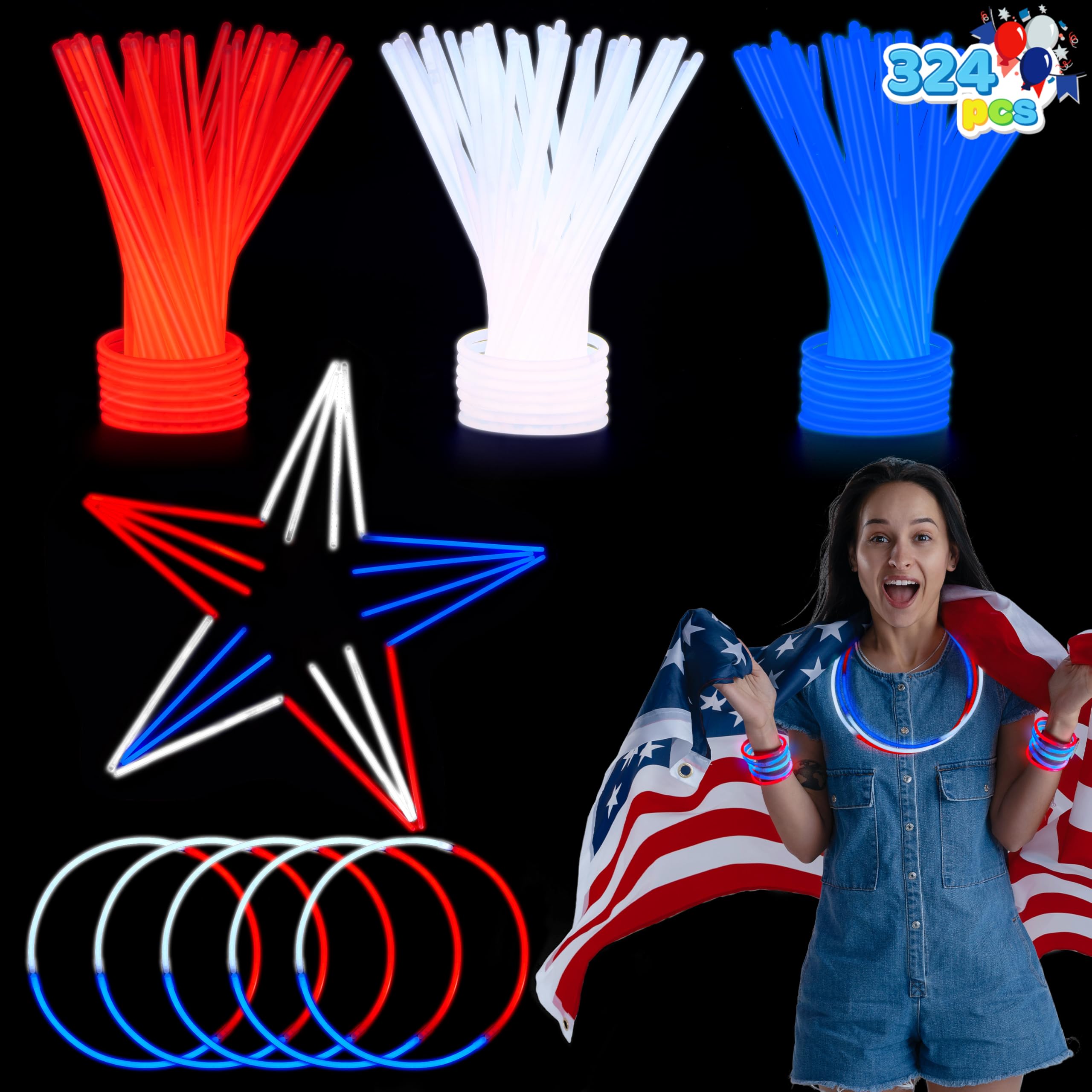 JOYIN 324 Pcs 4th of July Glow Sticks with Connectors, 8 Red White Blue Glow in the Dark Bracelets Necklaces for Kids Adults, Patriotic Light Up Toys for Independence Day Party Favor Accessory Supply - Image 2