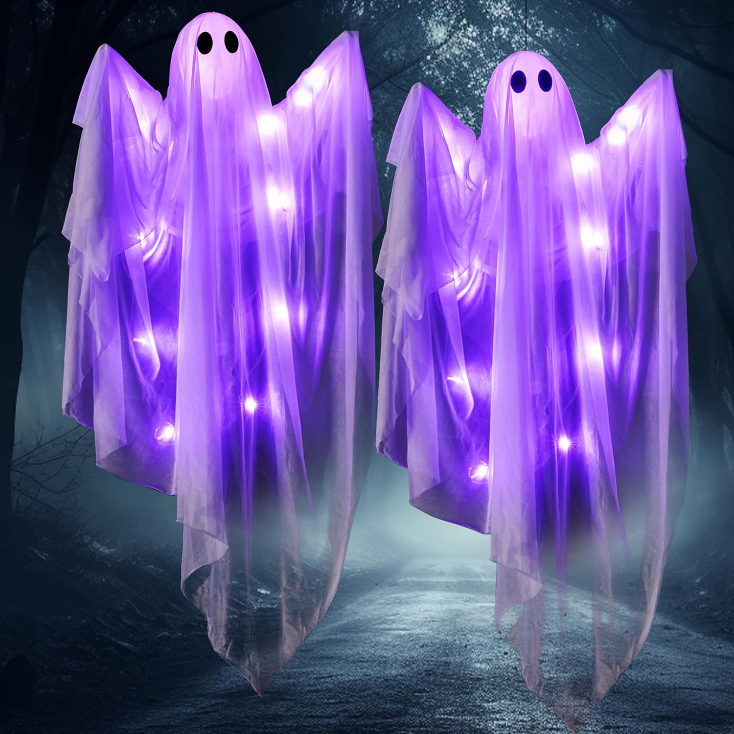 35.5” Halloween Hanging Light up Ghost with Purple LED Light - Image 2