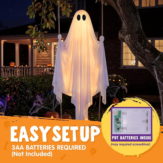 JOYIN 5 FT Hanging Swing Ghost - Light-Up Halloween Outdoor Decoration - Image 4