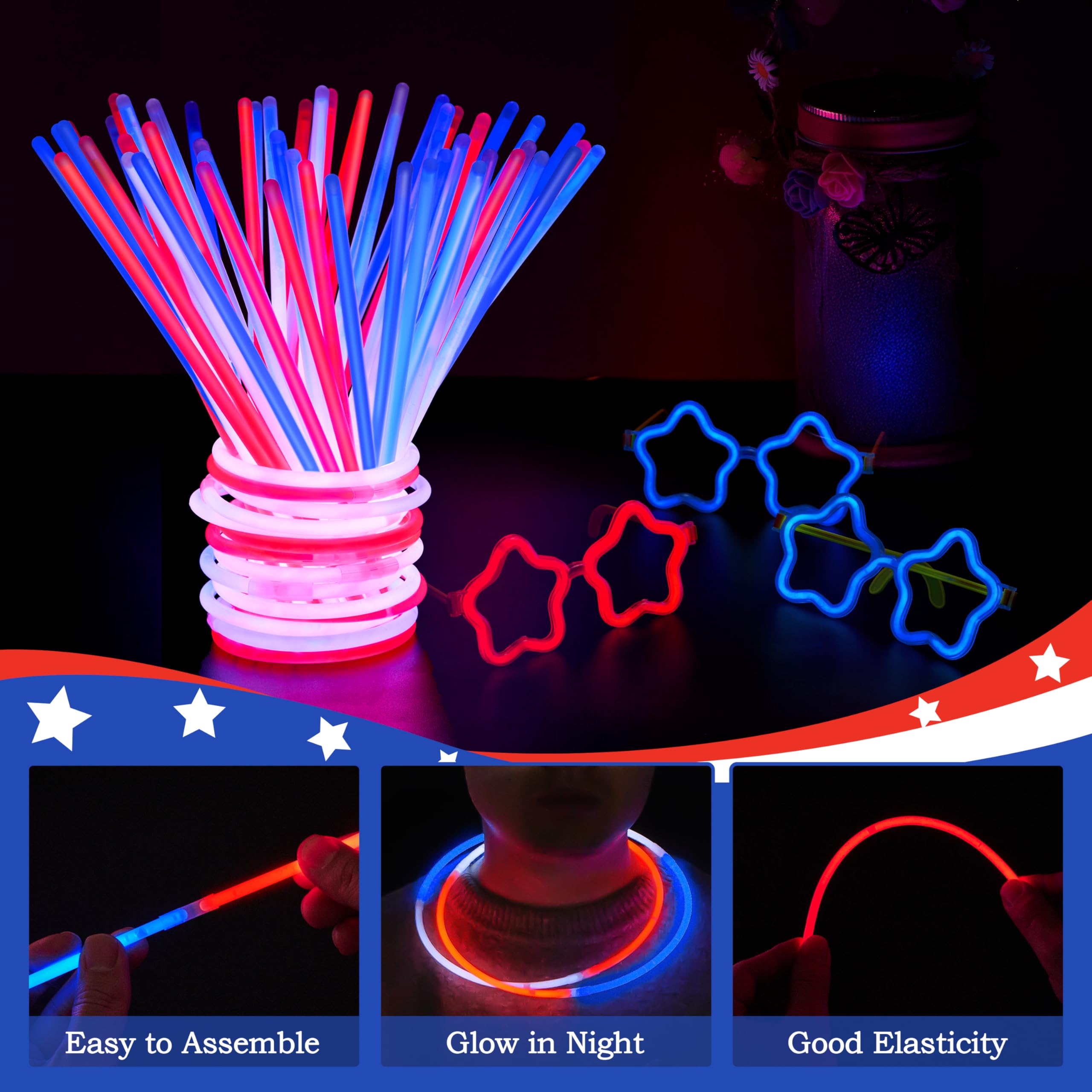 JOYIN 99 PCS July 4th Patriotic Glow Sticks Bracelets Necklaces Glasses, Glow in The Dark Party Supplies, Light Up Party Favors for Kids Adults, Blue White Red LED Accessories for Independence Day - Image 6