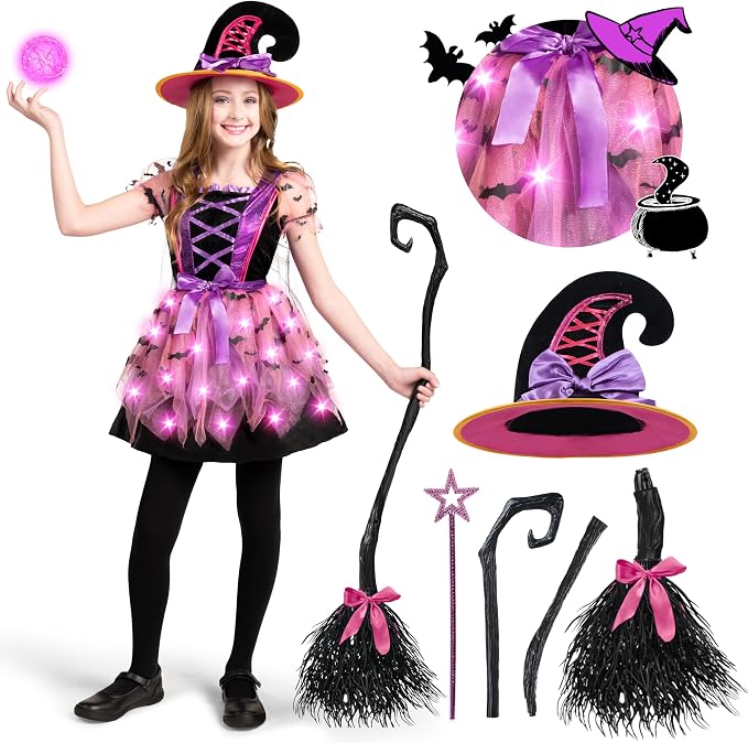 JOYIN Girls Light Up Witch Costume - Kids Halloween Set with Hat & Broom - Image 2