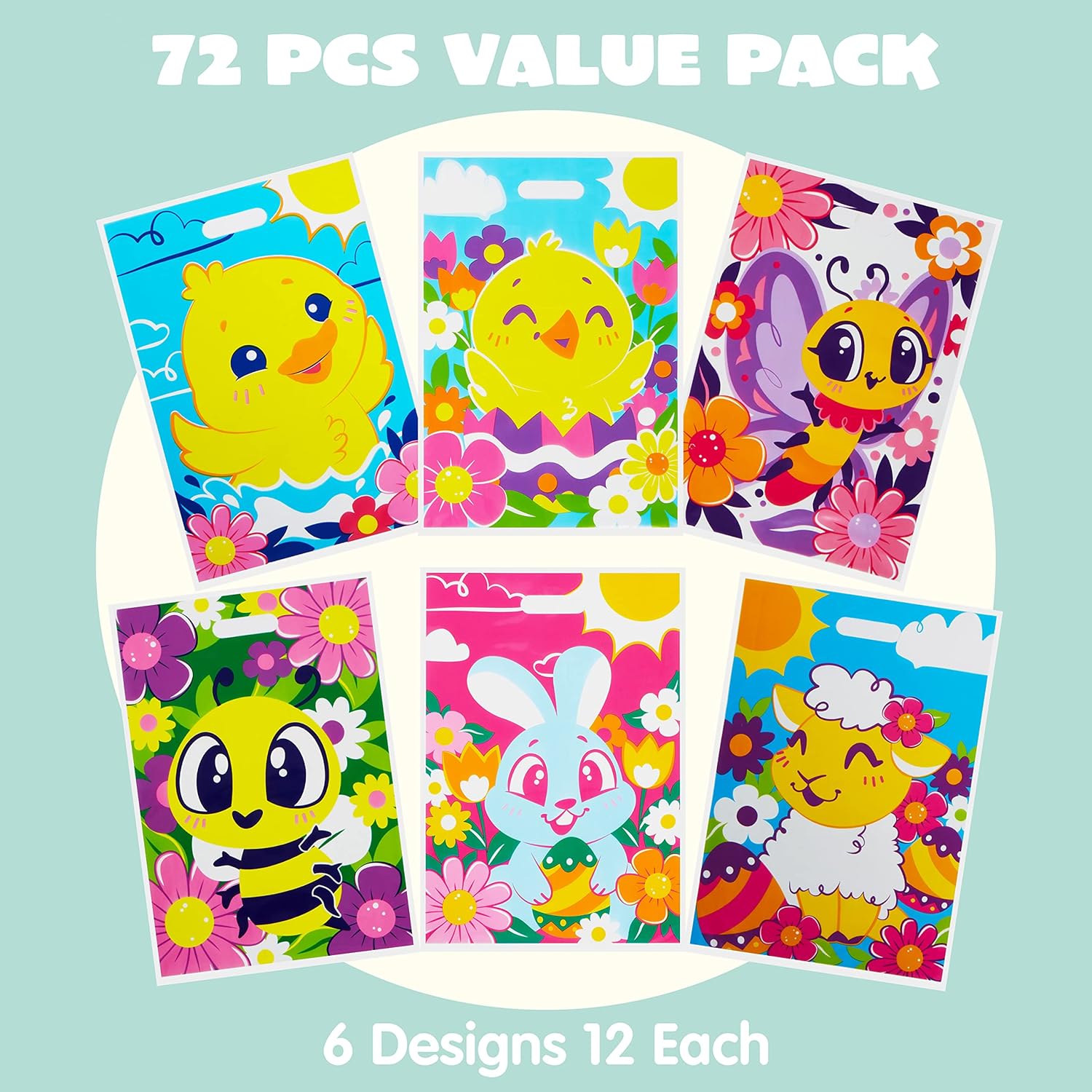 JOYIN 72 Pack Easter Plastic Gift Bags with Animal Flower Easter Party Supplies for Kids - Image 3