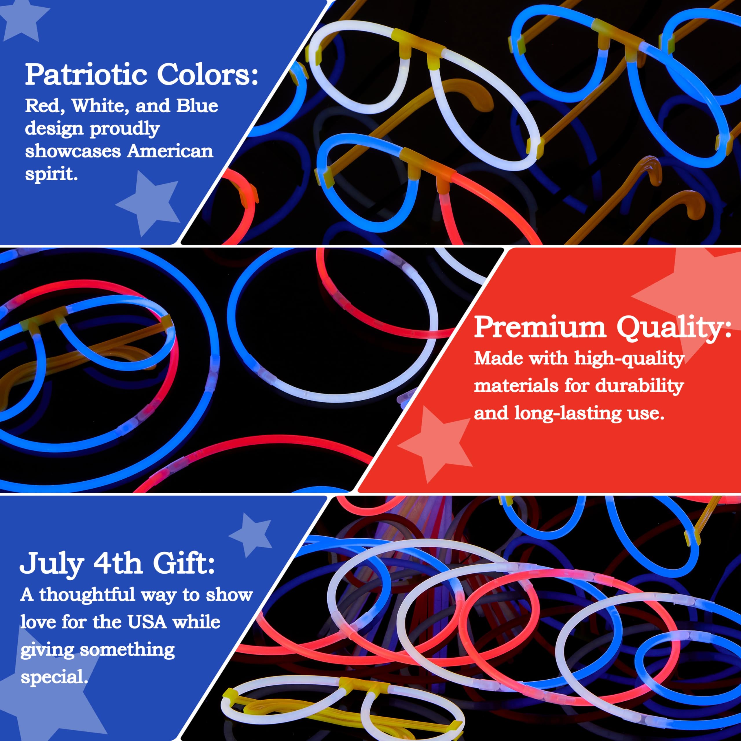 JOYIN 99 PCS July 4th Patriotic Glow Sticks Bracelets Necklaces Glasses, Glow in The Dark Party Supplies, Light Up Party Favors for Kids Adults, Blue White Red LED Accessories for Independence Day - Image 7