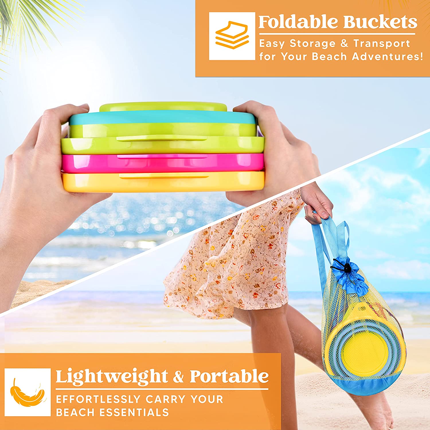 3 Packs Foldable Pail Bucket with Shovels (Bonus Mesh Bag) - Image 4
