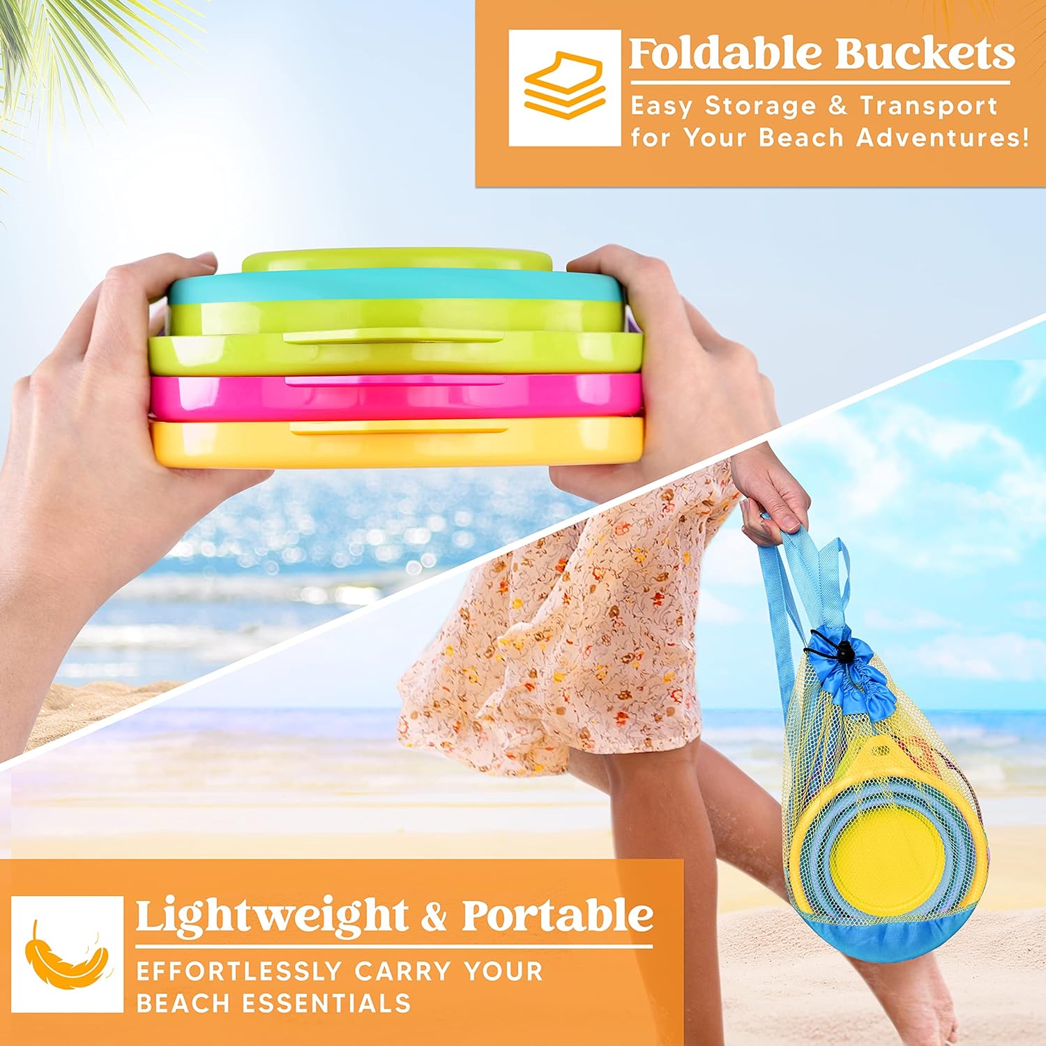 3Pcs Collapsible Beach Toy Buckets with Shovels - Image 4