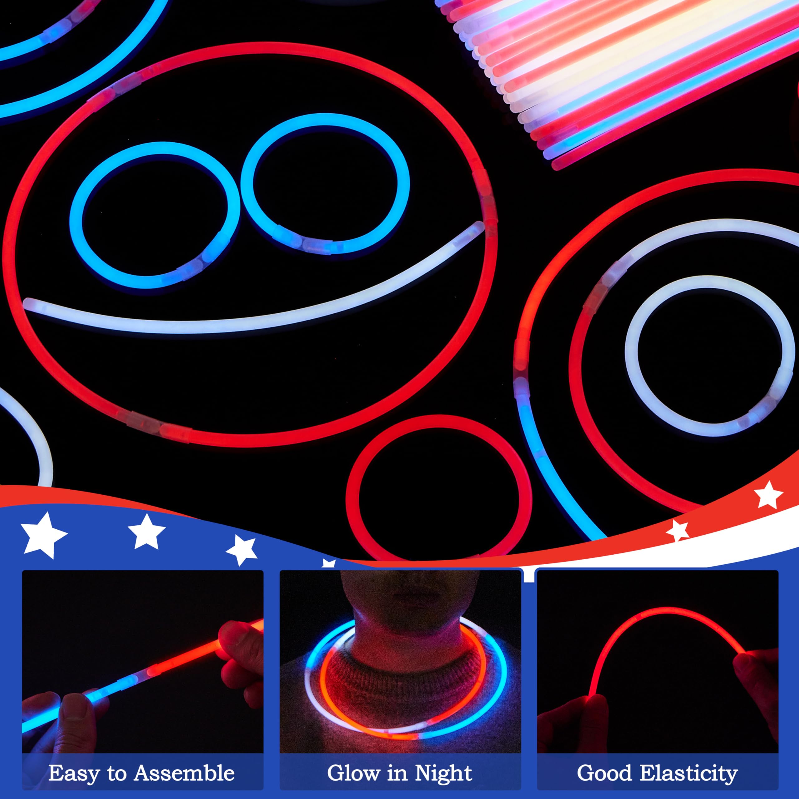 JOYIN 324 Pcs 4th of July Glow Sticks with Connectors, 8 Red White Blue Glow in the Dark Bracelets Necklaces for Kids Adults, Patriotic Light Up Toys for Independence Day Party Favor Accessory Supply - Image 5