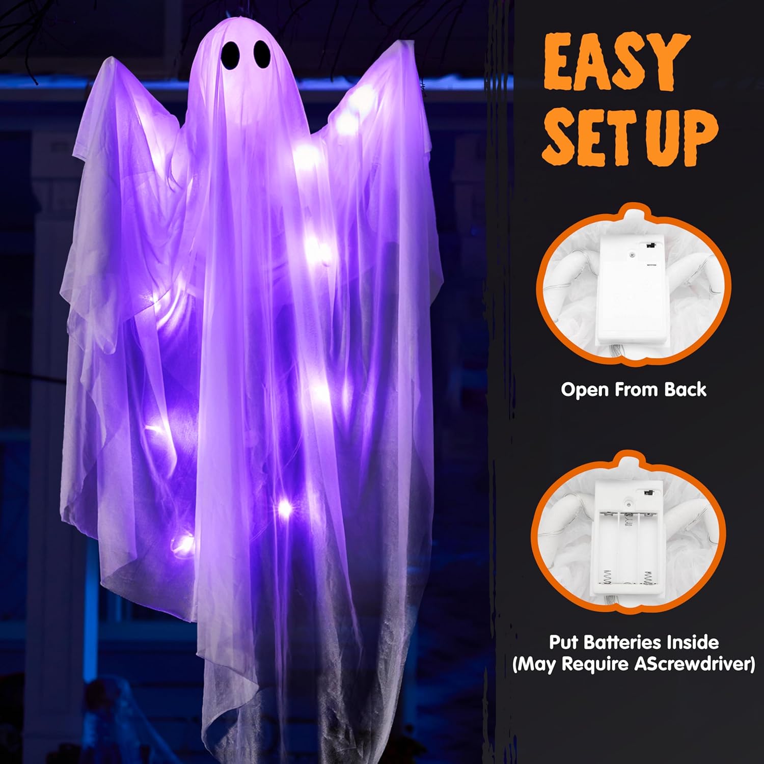 35.5” Halloween Hanging Light up Ghost with Purple LED Light - Image 5