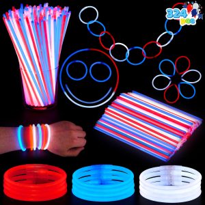 JOYIN 324 Pcs 4th of July Glow Sticks with Connectors, 8 Red White Blue Glow in the Dark Bracelets Necklaces for Kids Adults, Patriotic Light Up Toys for Independence Day Party Favor Accessory Supply