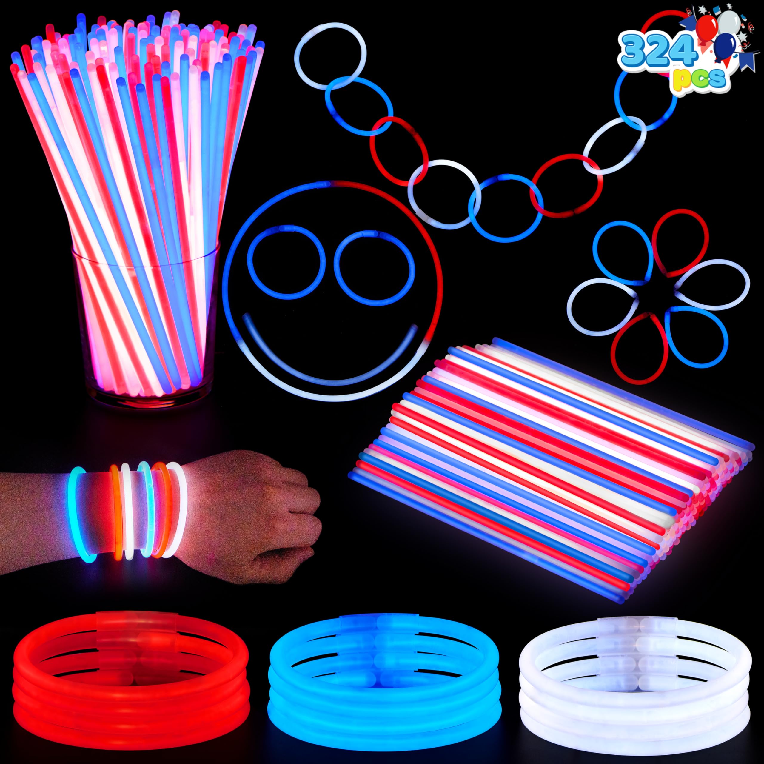 JOYIN 324 Pcs 4th of July Glow Sticks with Connectors, 8 Red White Blue Glow in the Dark Bracelets Necklaces for Kids Adults, Patriotic Light Up Toys for Independence Day Party Favor Accessory Supply