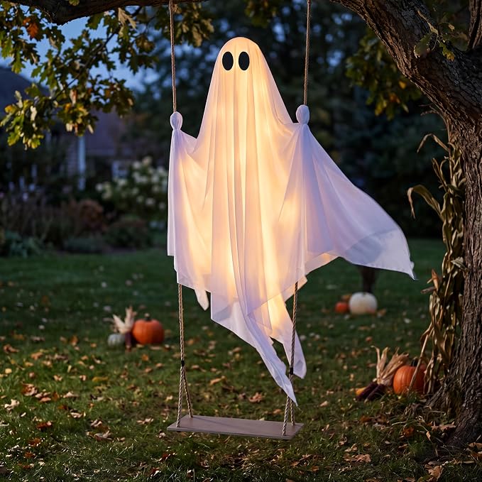 JOYIN 5 FT Hanging Swing Ghost - Light-Up Halloween Outdoor Decoration - Image 6