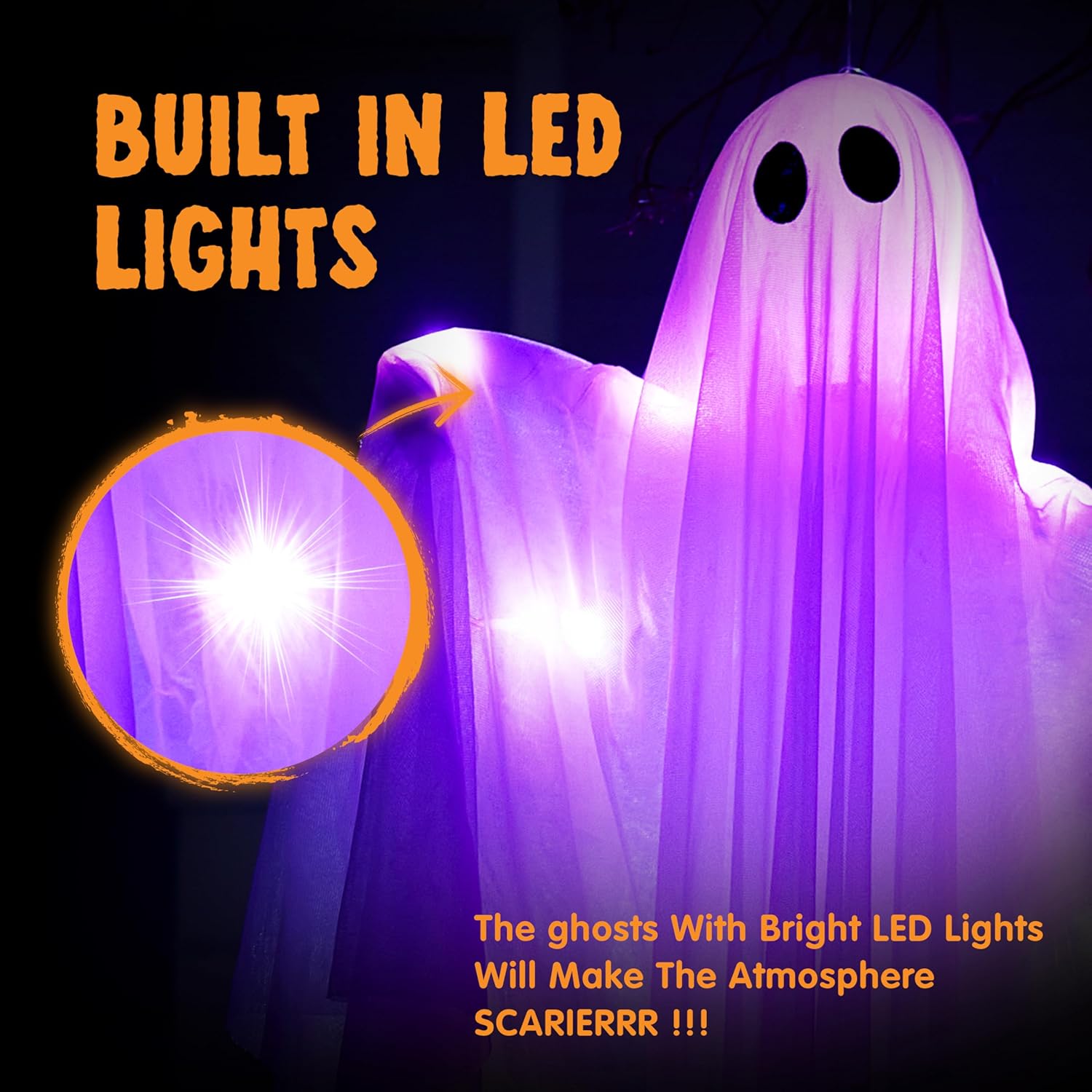 35.5” Halloween Hanging Light up Ghost with Purple LED Light - Image 6