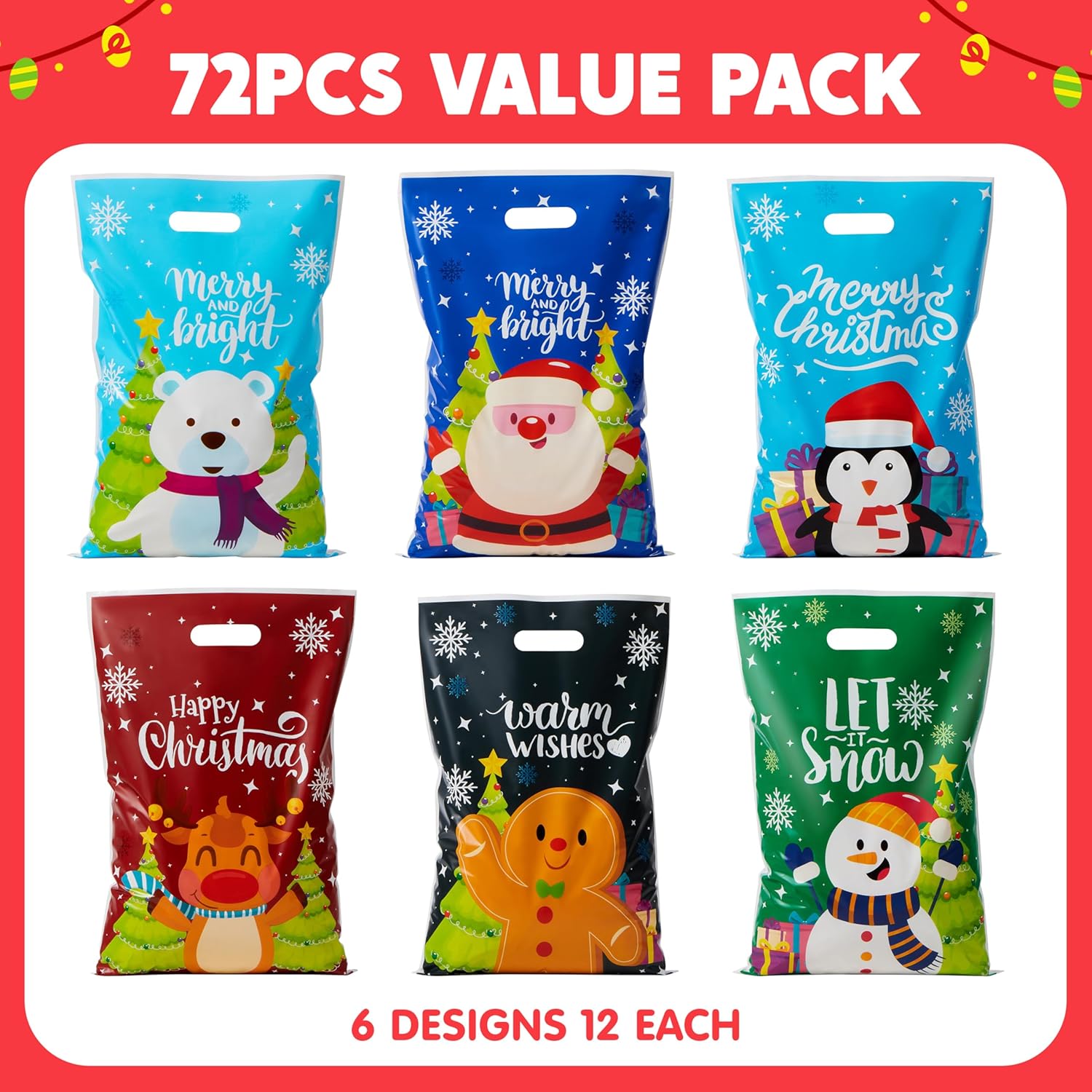 72 PCS Christmas Plastic Goodies Bags with Handles - Image 8