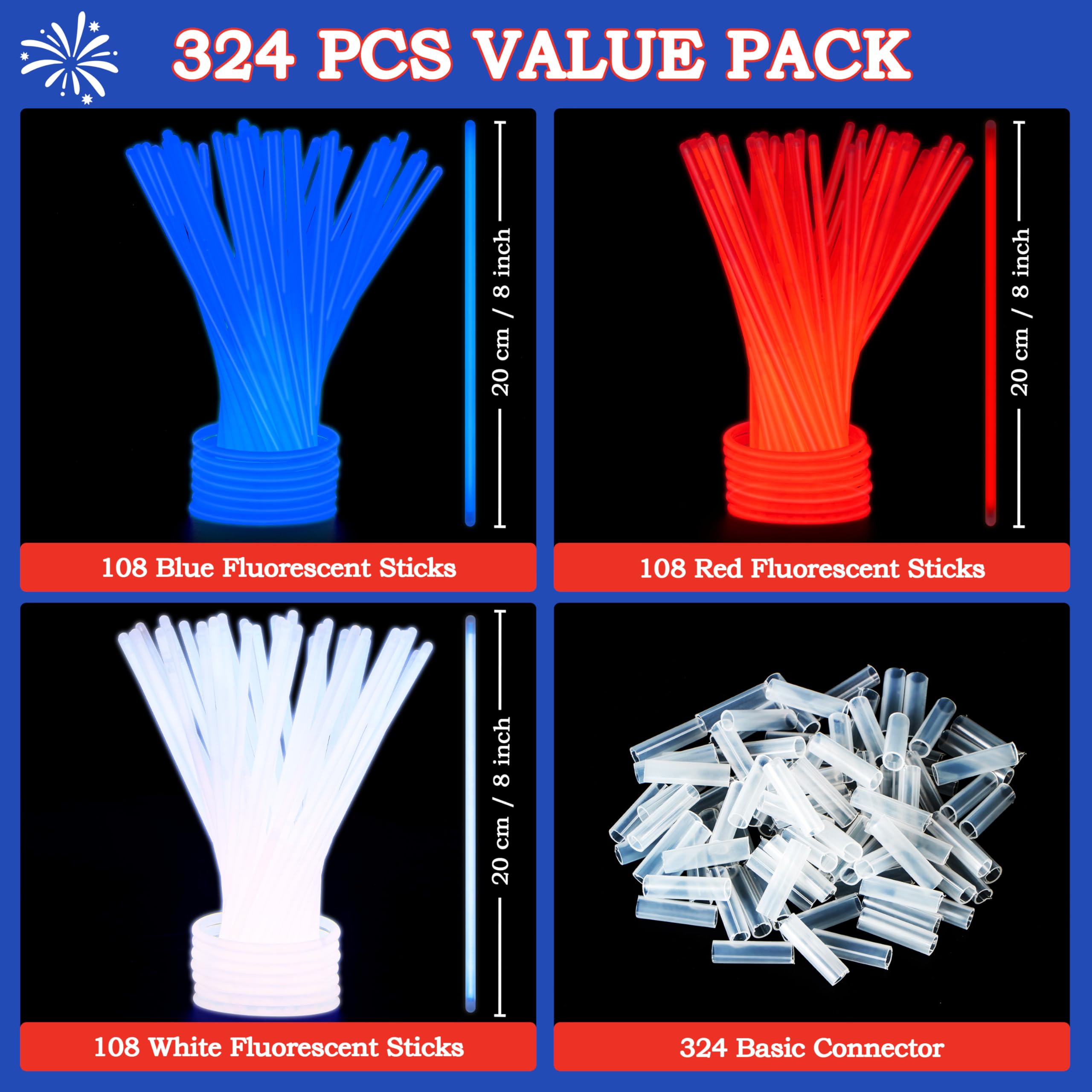 JOYIN 324 Pcs 4th of July Glow Sticks with Connectors, 8 Red White Blue Glow in the Dark Bracelets Necklaces for Kids Adults, Patriotic Light Up Toys for Independence Day Party Favor Accessory Supply - Image 7