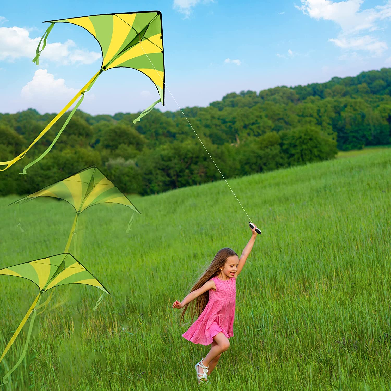 3Pcs Big Delta Kite (Green & Blue & Rainbow) with 262.5ft Kite String - Image 3