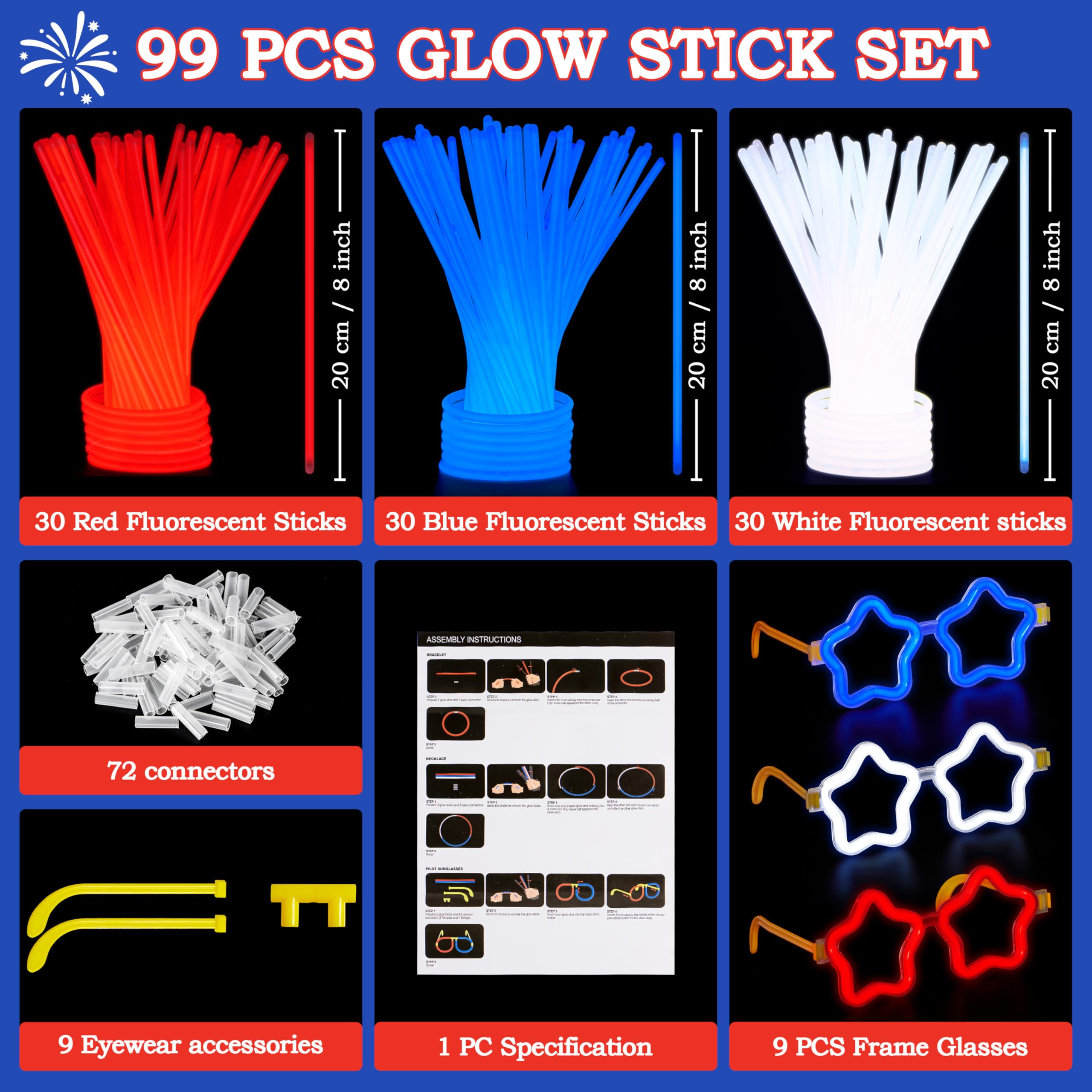 JOYIN 99 PCS July 4th Patriotic Glow Sticks Bracelets Necklaces Glasses, Glow in The Dark Party Supplies, Light Up Party Favors for Kids Adults, Blue White Red LED Accessories for Independence Day - Image 8