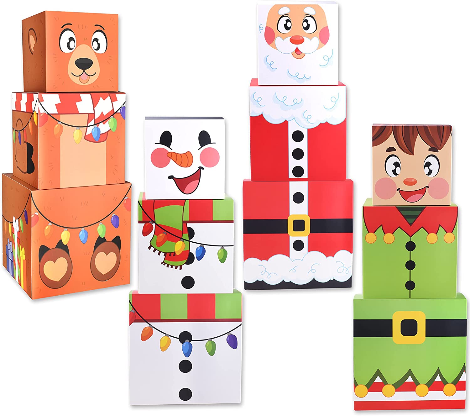 4 Christmas Characters Style Stacking Nesting Set of Boxes, 12 Pcs