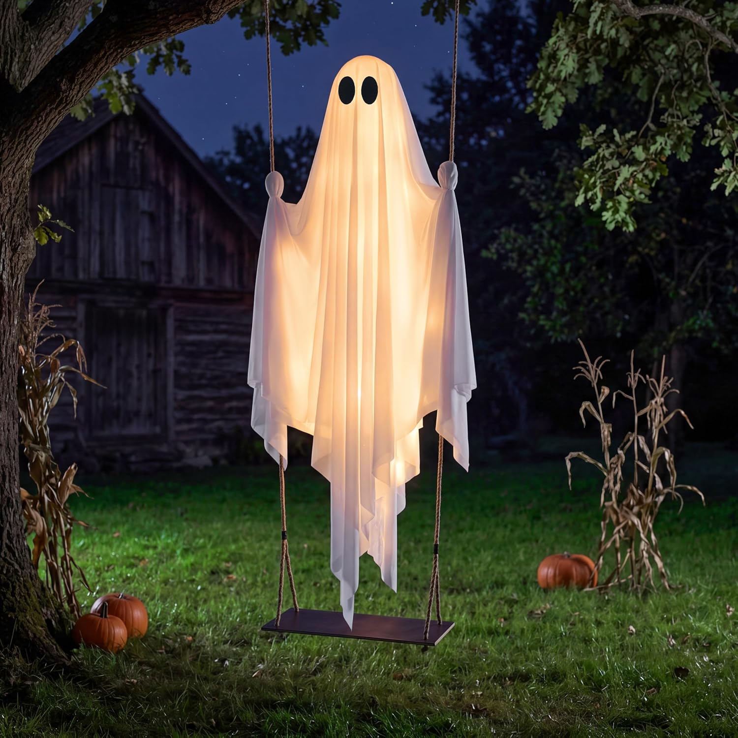 JOYIN 5 FT Hanging Swing Ghost - Light-Up Halloween Outdoor Decoration - Image 7