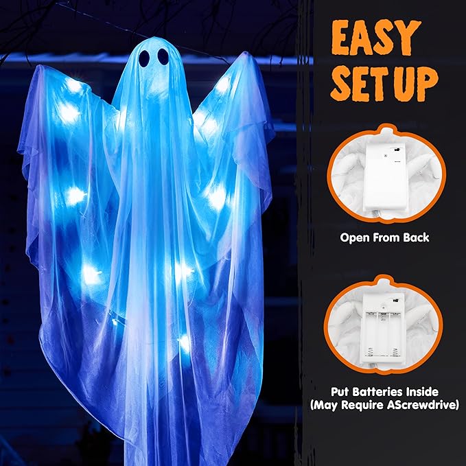 2 Pcs 35.4” Halloween Hanging Light up Ghost with Blue LED Light - Image 5