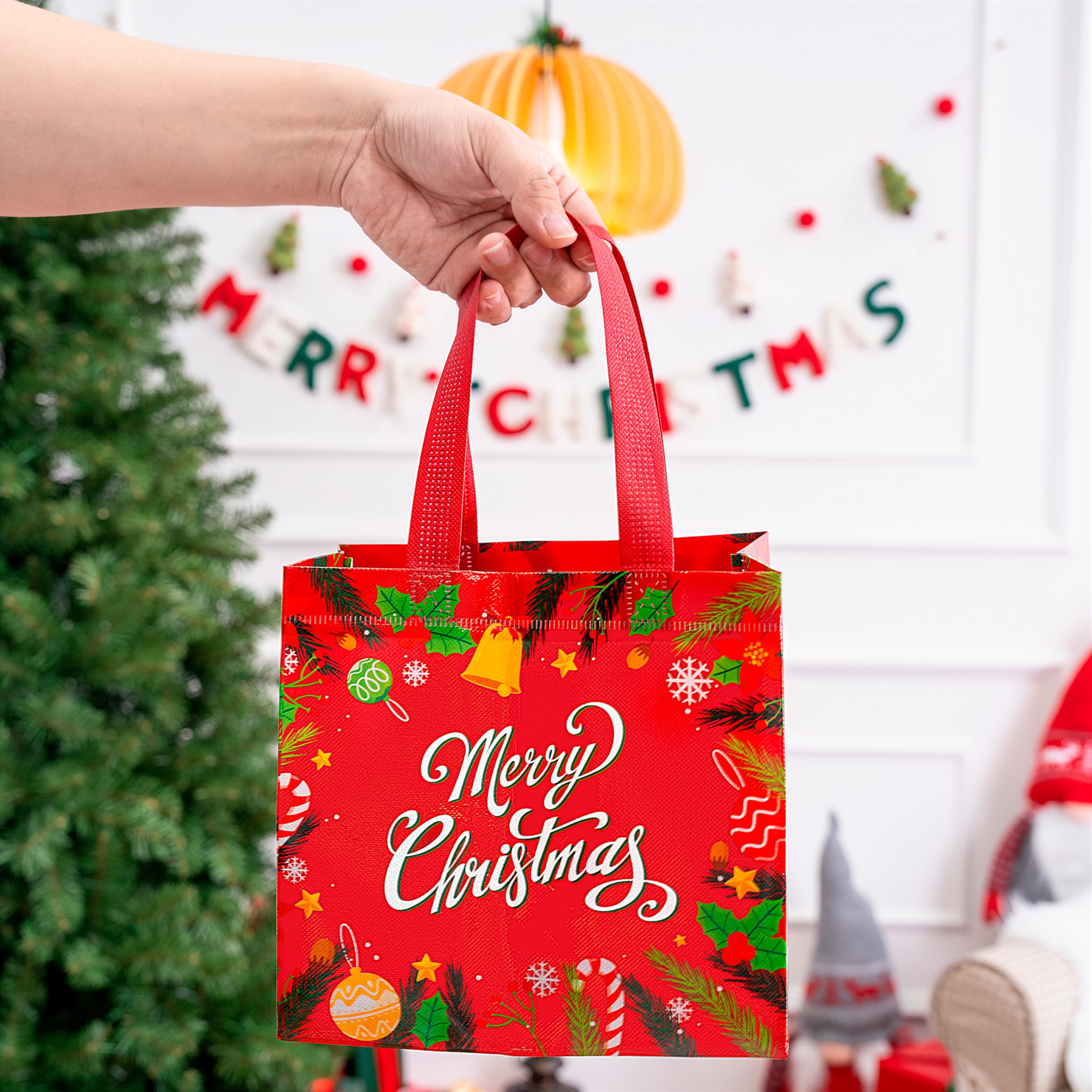 20 PCS Christmas Reusable Gift Bags Assorted Sizes with Handle - Image 8