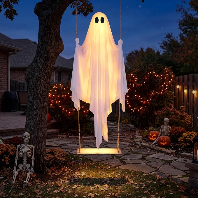 JOYIN 5 FT Hanging Swing Ghost - Light-Up Halloween Outdoor Decoration - Image 5