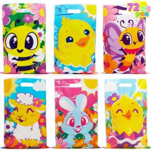 JOYIN 72 Pack Easter Plastic Gift Bags with Animal Flower Easter Party Supplies for Kids