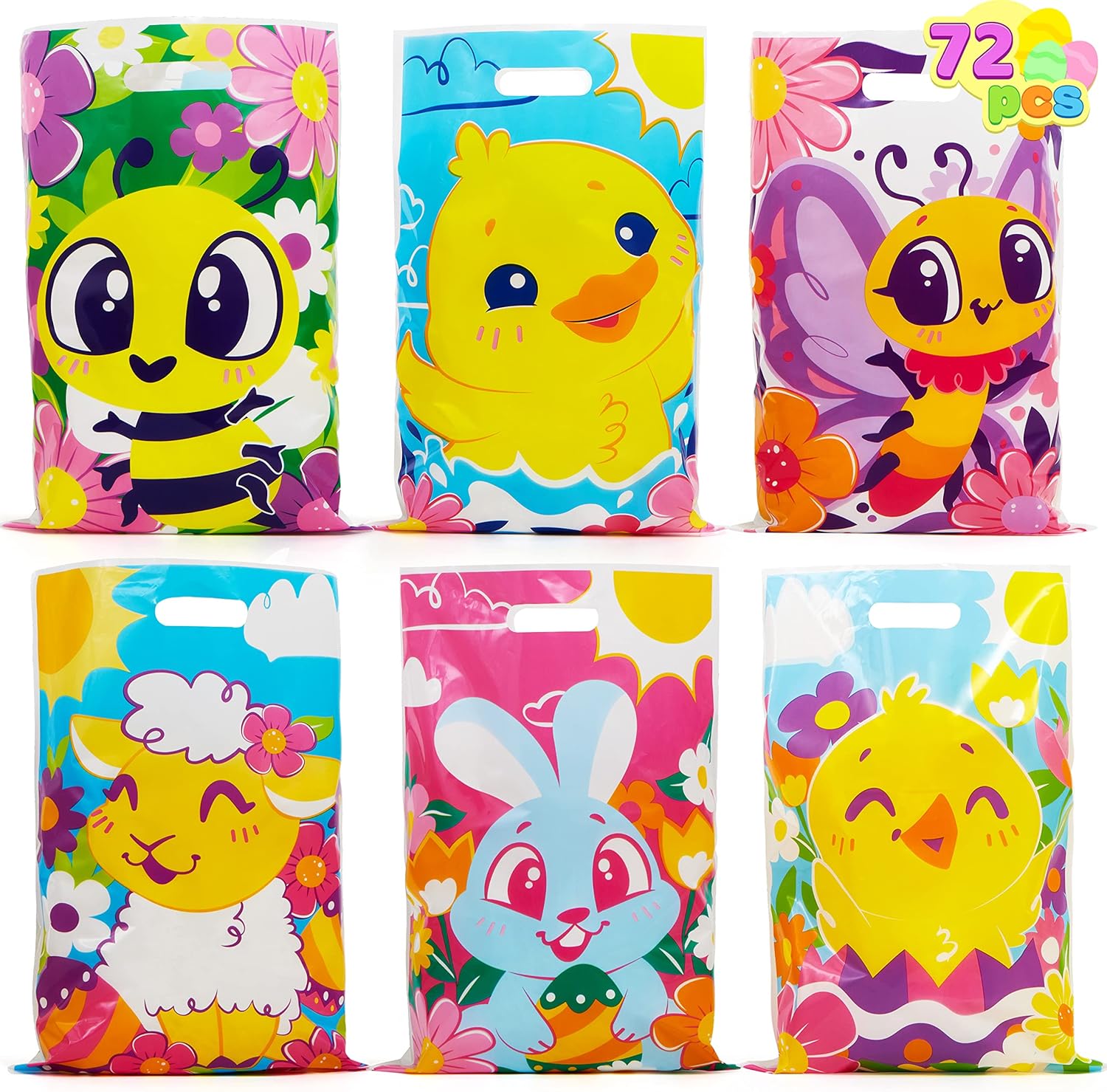 JOYIN 72 Pack Easter Plastic Gift Bags with Animal Flower Easter Party Supplies for Kids