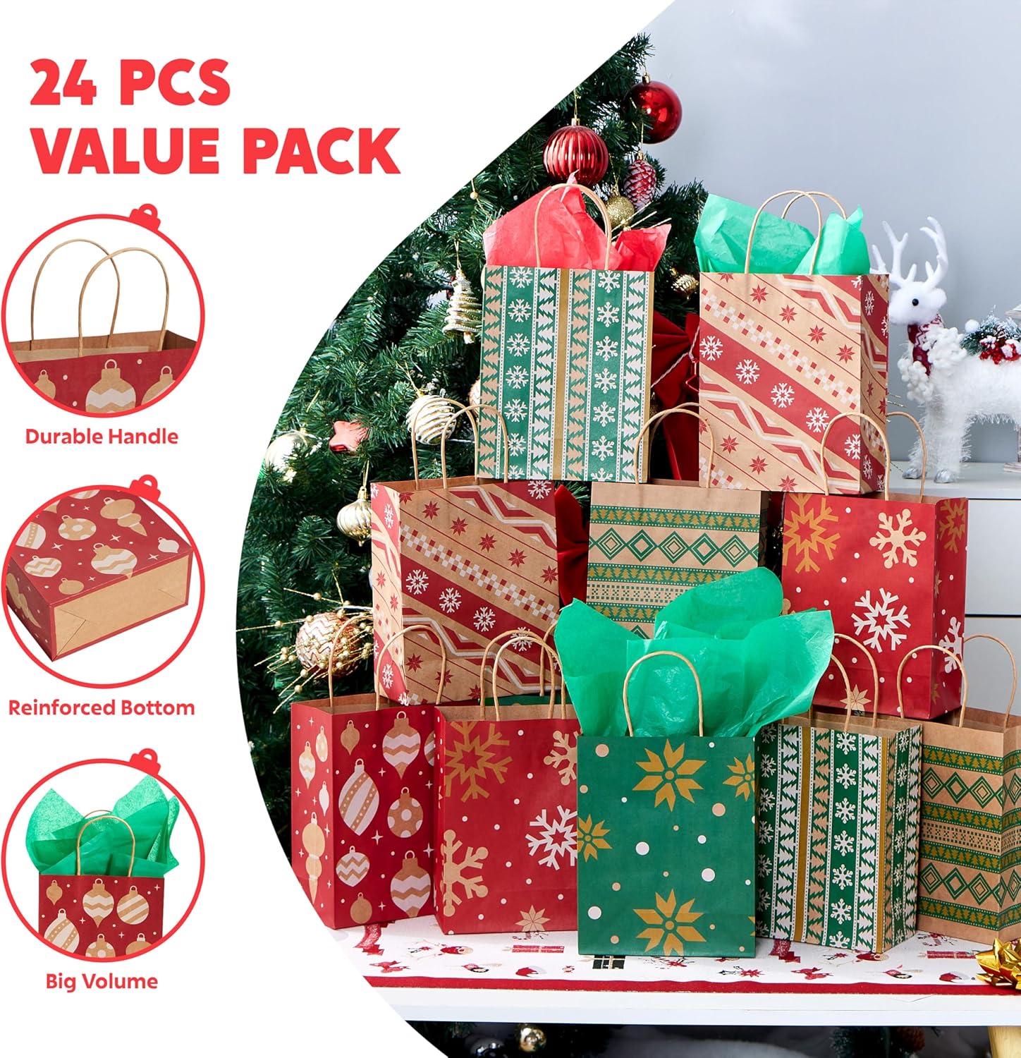 24 PCS Christmas Kraft Bags Holiday Paper Goody Gift Bags with Handles for Xmas Gifts Wrapping Party - Image 3