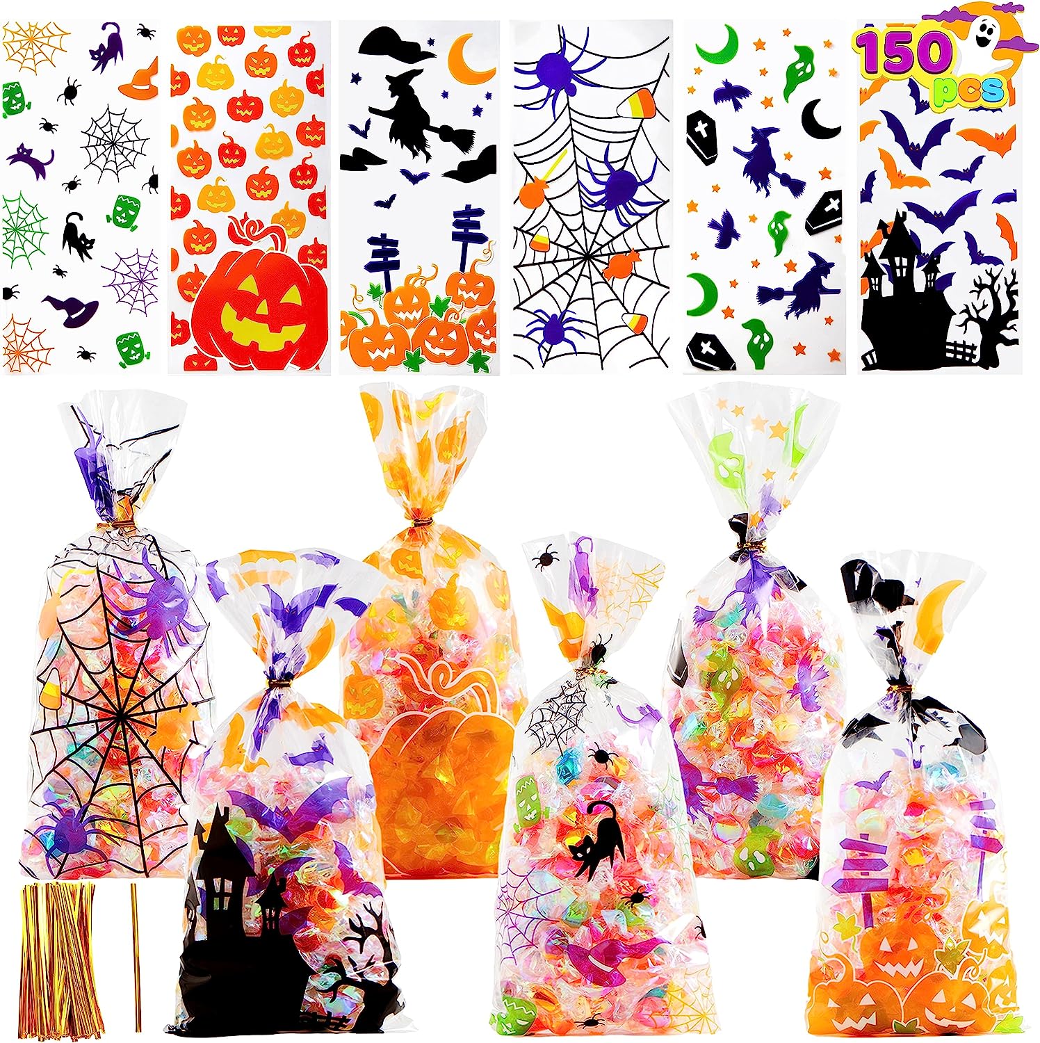 Halloween Cellophane Rectangle Treat Bags, 150 Pcs