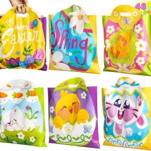 JOYIN 48 Pack Easter Drawstring PE Bags Bunny & Chick Easter Treat Bags for Kids Party Supplies