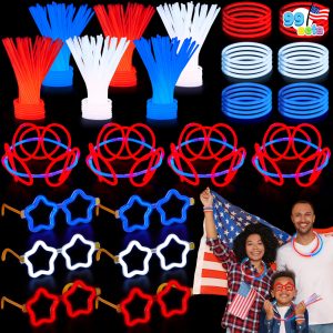 JOYIN 99 PCS July 4th Patriotic Glow Sticks Bracelets Necklaces Glasses, Glow in The Dark Party Supplies, Light Up Party Favors for Kids Adults, Blue White Red LED Accessories for Independence Day