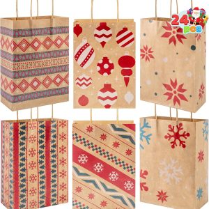 24 PCS Christmas Kraft Gift Bags Xmas Paper Goody Wrap Bags with Durable Handles and Non-Breaking Bottoms for Holidays