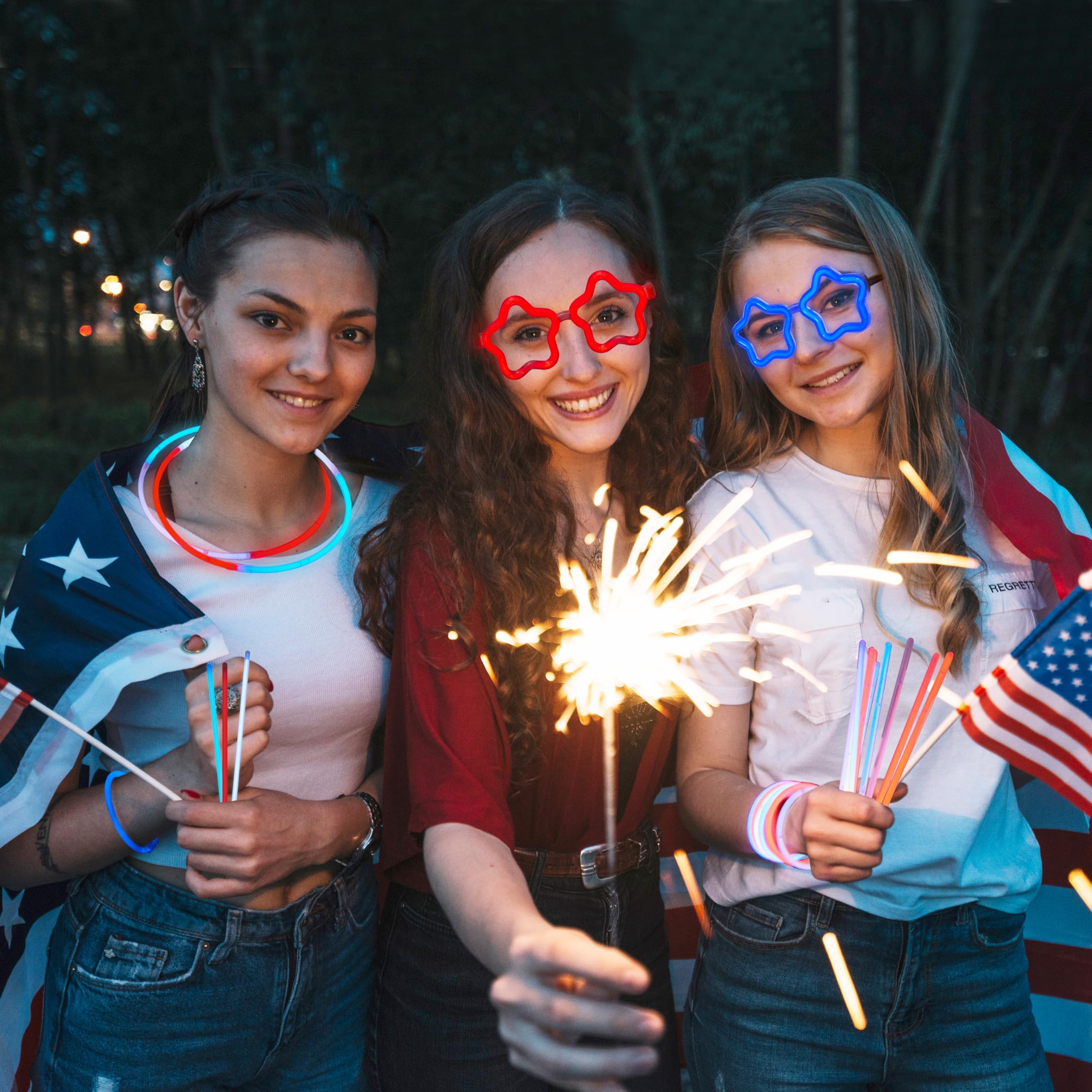 JOYIN 99 PCS July 4th Patriotic Glow Sticks Bracelets Necklaces Glasses, Glow in The Dark Party Supplies, Light Up Party Favors for Kids Adults, Blue White Red LED Accessories for Independence Day - Image 2