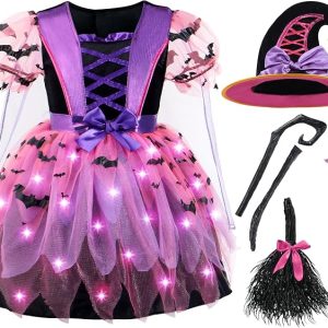 JOYIN Girls Light Up Witch Costume - Kids Halloween Set with Hat & Broom