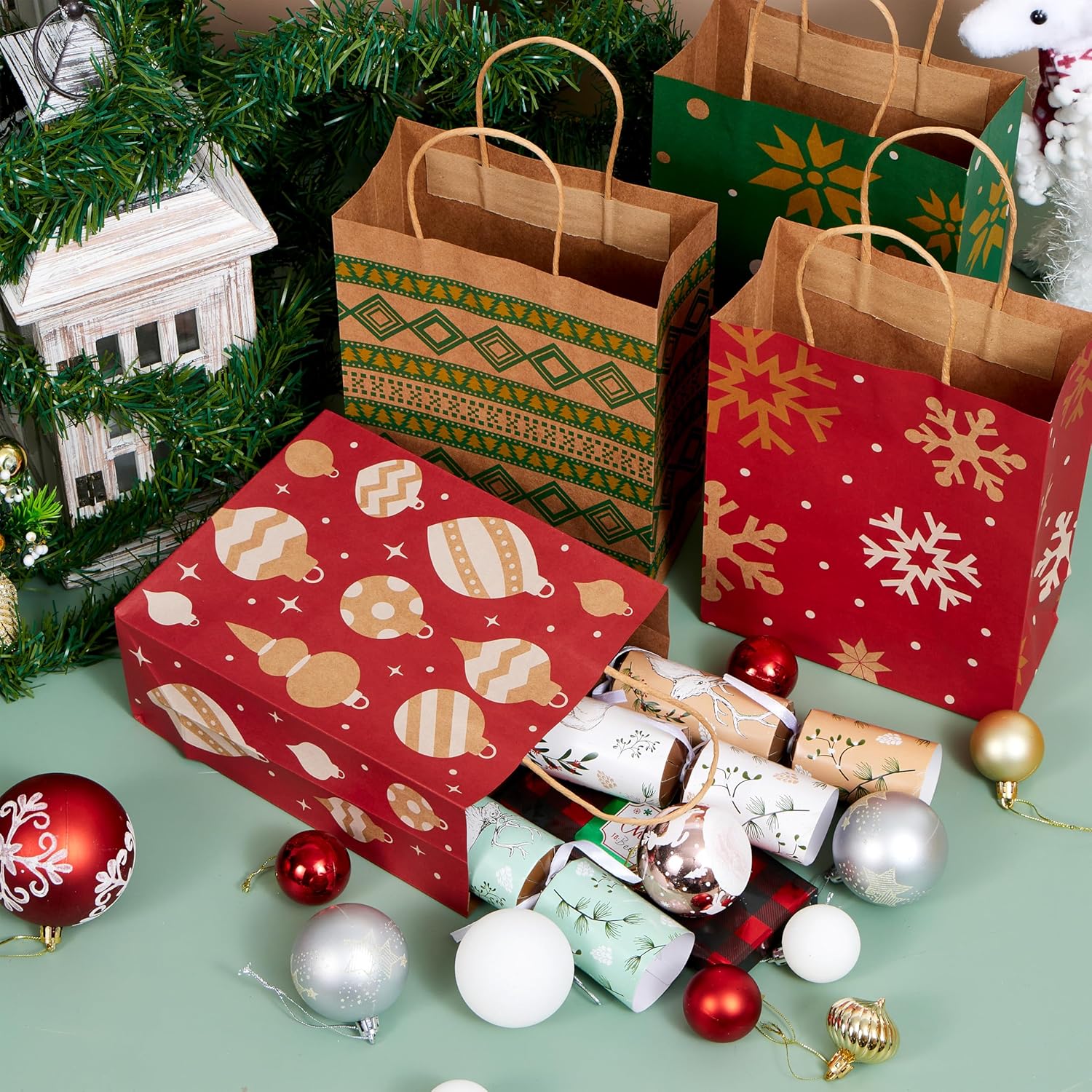 24 PCS Christmas Kraft Bags Holiday Paper Goody Gift Bags with Handles for Xmas Gifts Wrapping Party - Image 2