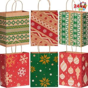 24 PCS Christmas Kraft Bags Holiday Paper Goody Gift Bags with Handles for Xmas Gifts Wrapping Party