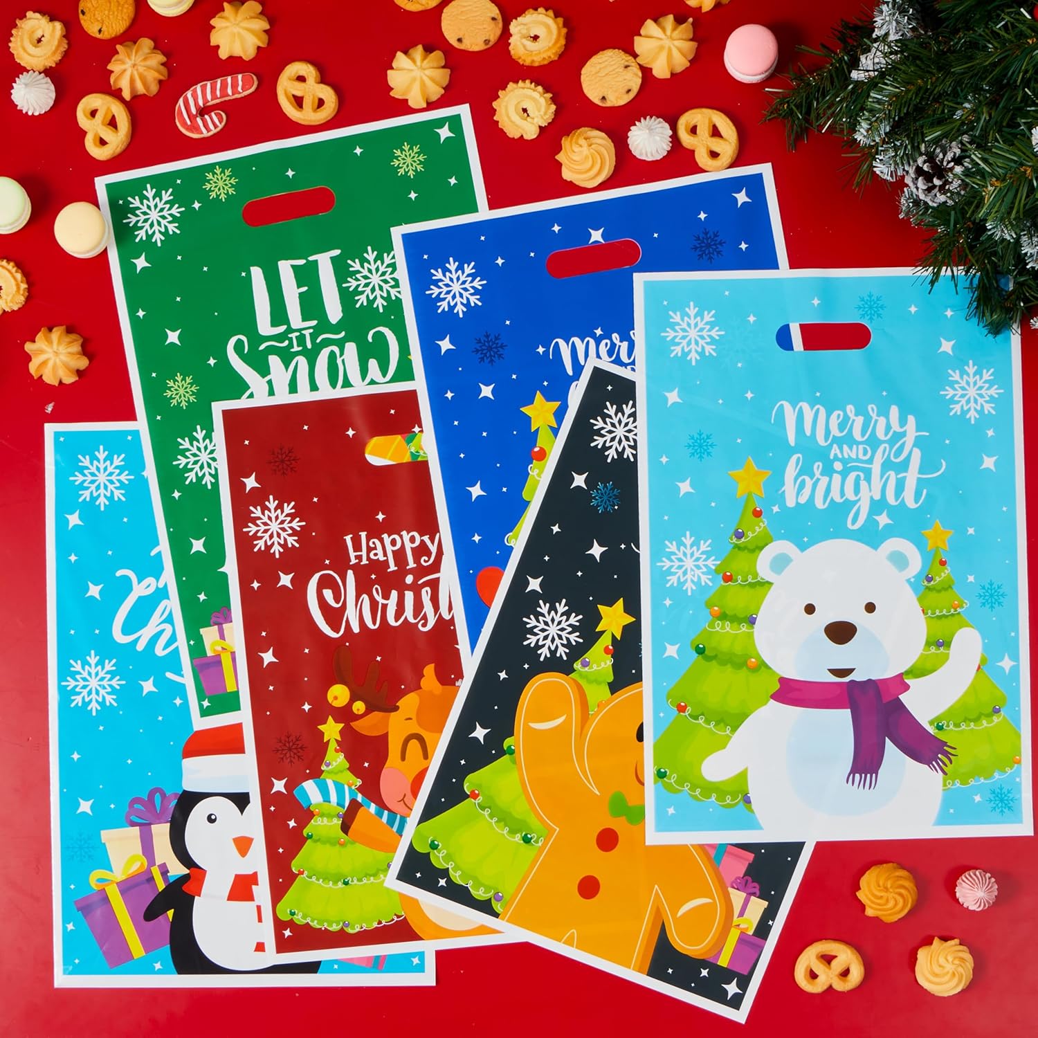 72 PCS Christmas Plastic Goodies Bags with Handles - Image 3