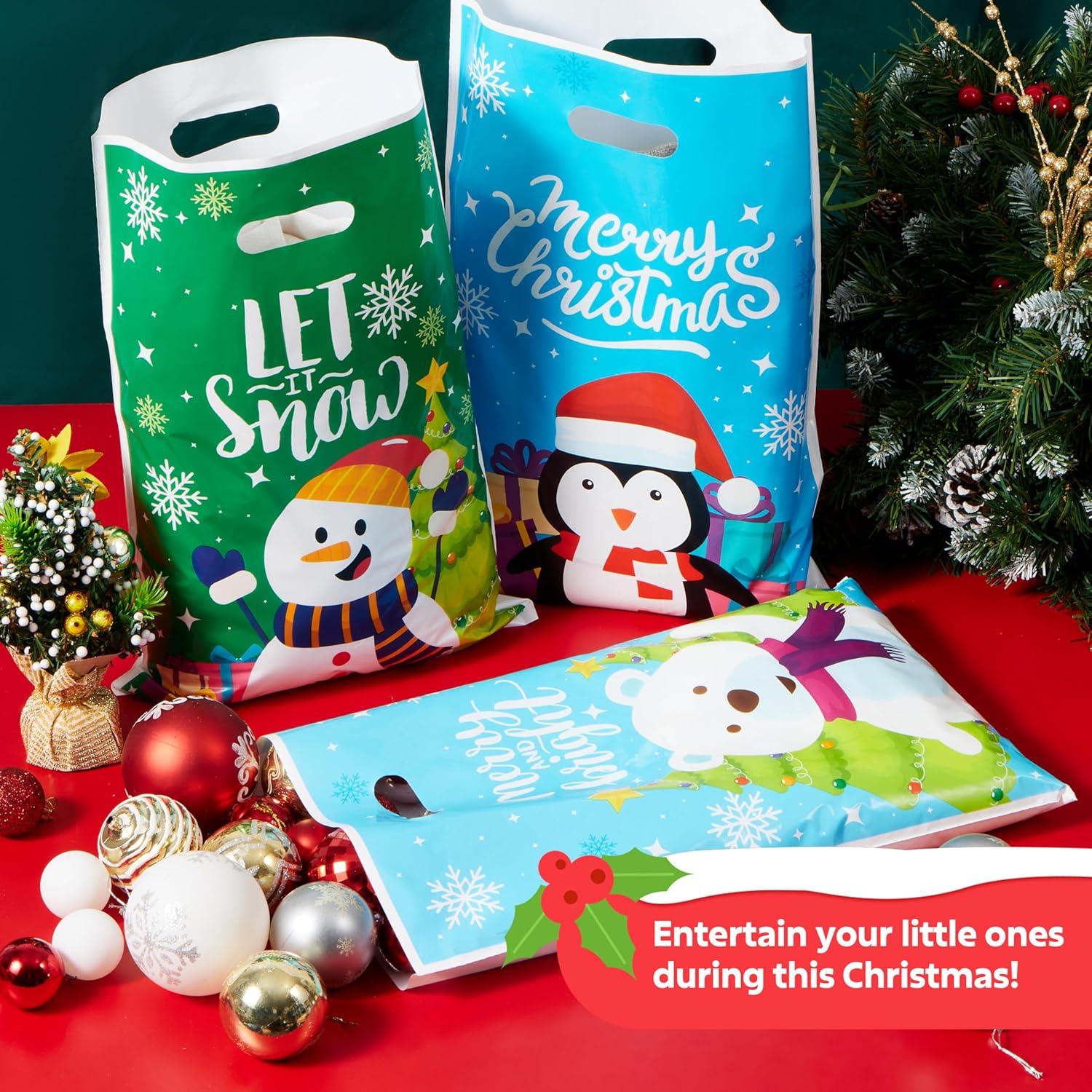 72 PCS Christmas Plastic Goodies Bags with Handles - Image 5