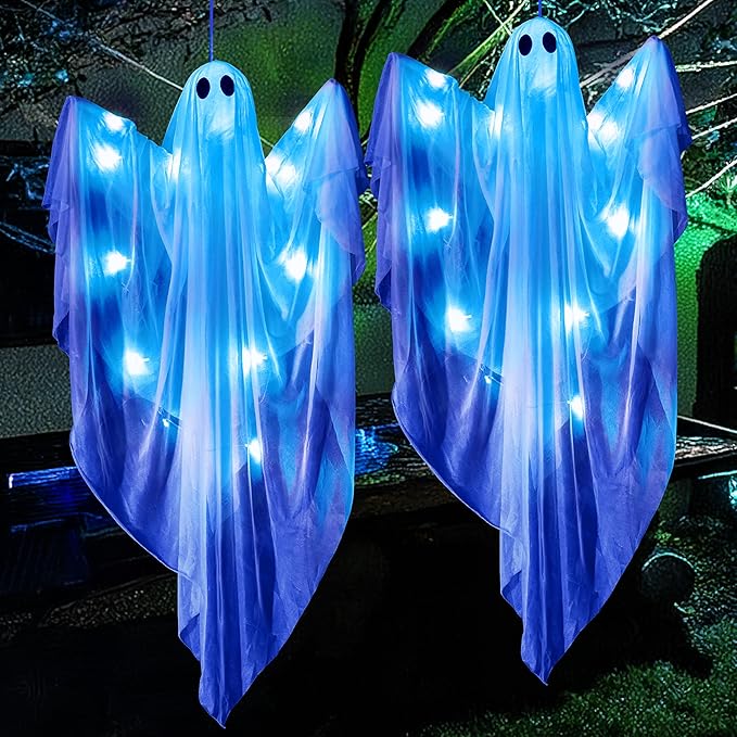 2 Pcs 35.4” Halloween Hanging Light up Ghost with Blue LED Light - Image 2