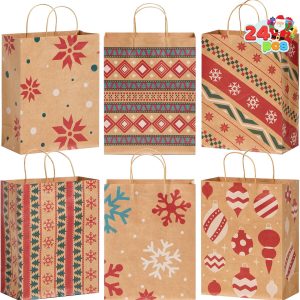 24 PCS Christmas Kraft Gift Bags Xmas Holiday Paper Goody Wrap Shopping Bags with Handles for Holiday Presents